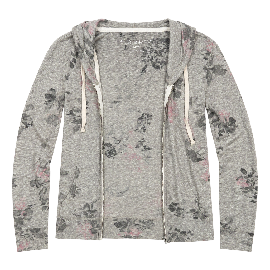Gray Floral Sleeve Zip-Up Hoodie Aéropostale 1