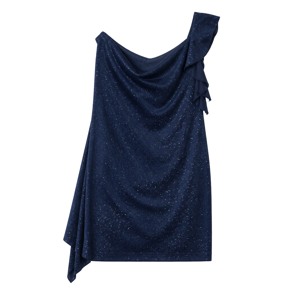 Windsor Navy Blue Glitter One-Shoulder Ruffle Dress Size S 1