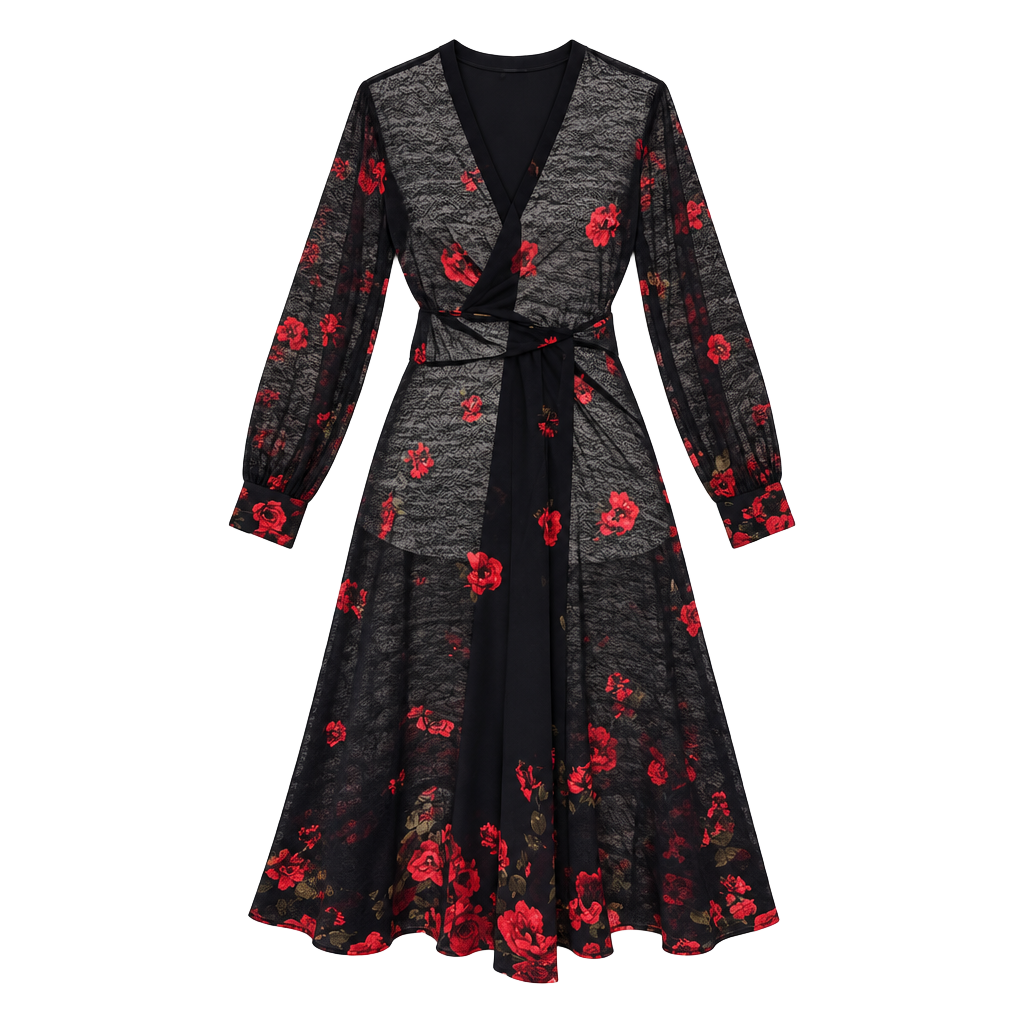 Ember Sheer Floral Mesh Duster Size XL Black Red Rose Maxi Cardigan 1