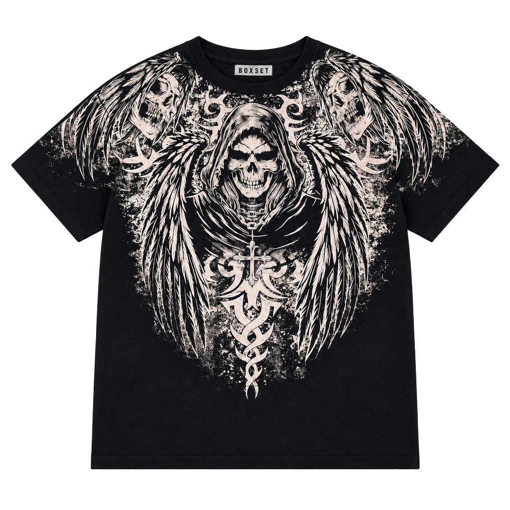 BOXSET Grim Reaper Graphic T-Shirt Large Black Y2K Skull Tribal Gothic 1