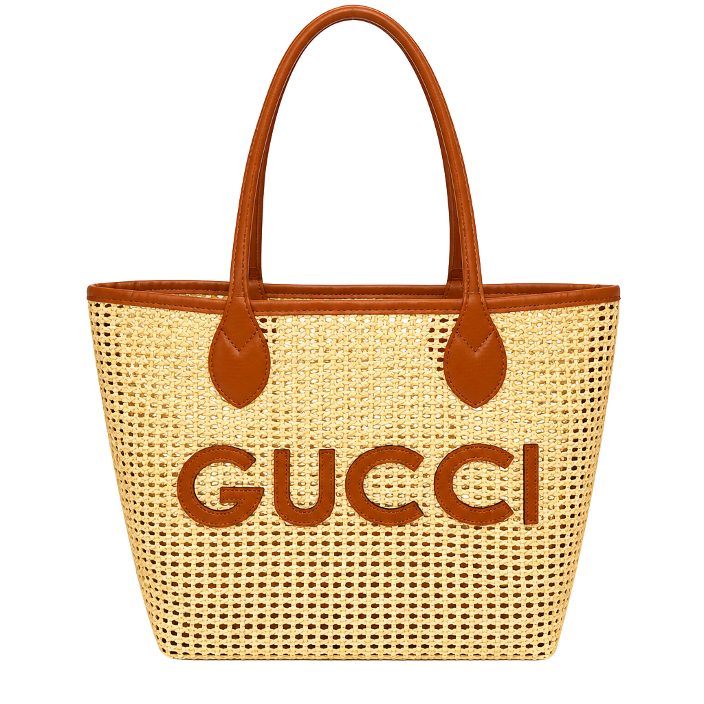 Gucci Leather-Trimmed Faux Raffia Logo Tote Bag with GG Supreme Pouch 1