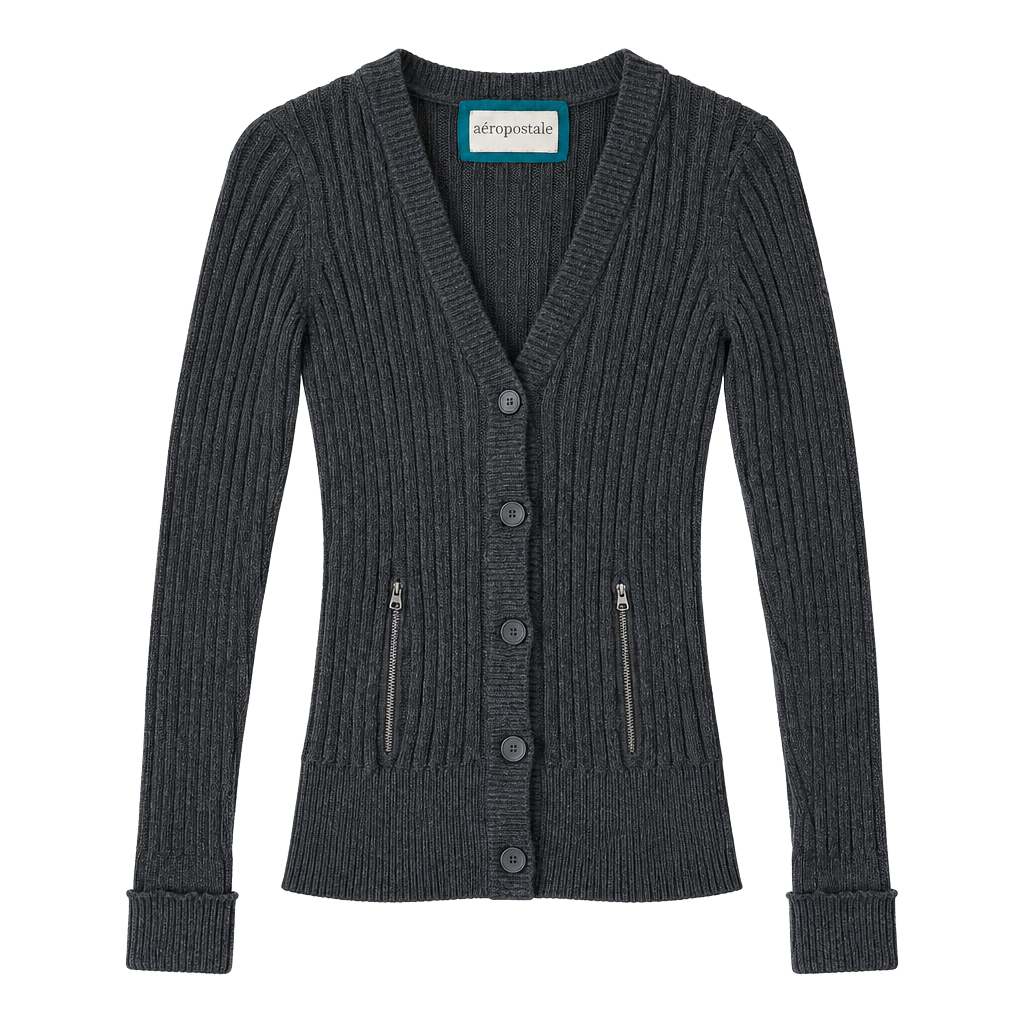 Aeropostale Ribbed Knit Hooded Cardigan Size M Gray Button Zip Pockets 1