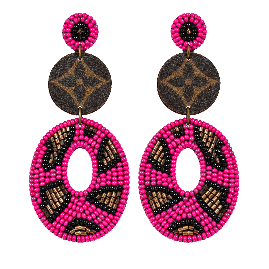 Upcycled Louis Vuitton Monogram Canvas Pink Beaded Statement Earrings 1