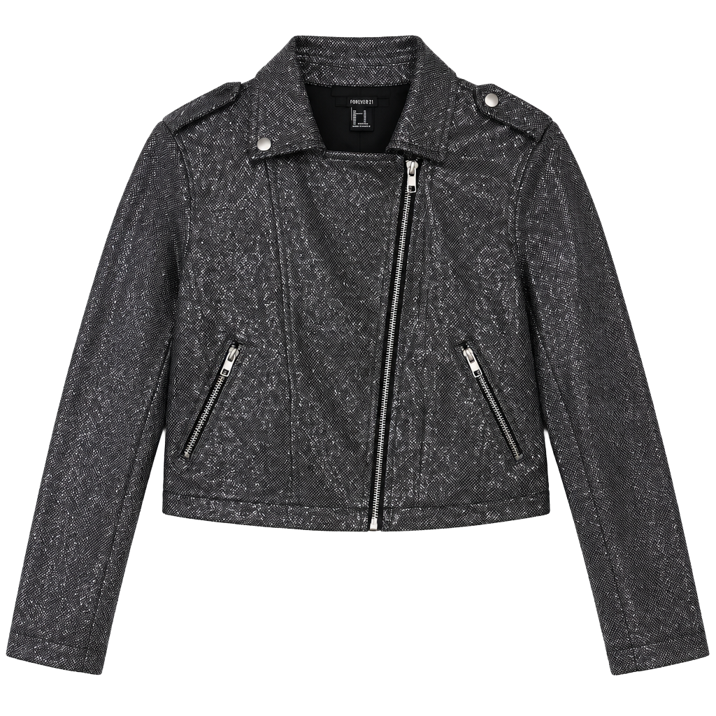 Forever 21 Metallic Moto Jacket Size M Black Silver Cropped Biker 1