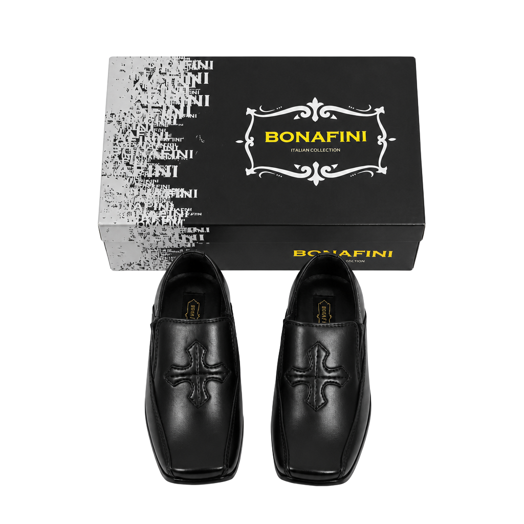 Bonafini Boys Black Slip-On Dress Shoes with Cross Detail Size 6 1