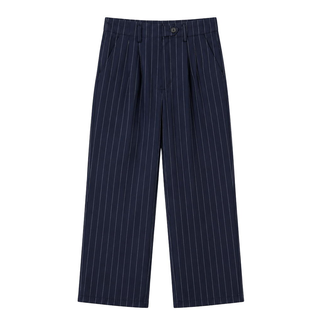 QUEENIE STUDIO Navy Blue Pinstripe Pleated High-Waist Trousers 1