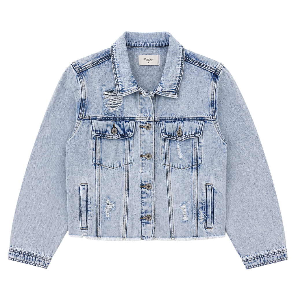 KanCan Distressed Acid Wash Raw Hem Denim Trucker Jacket 1