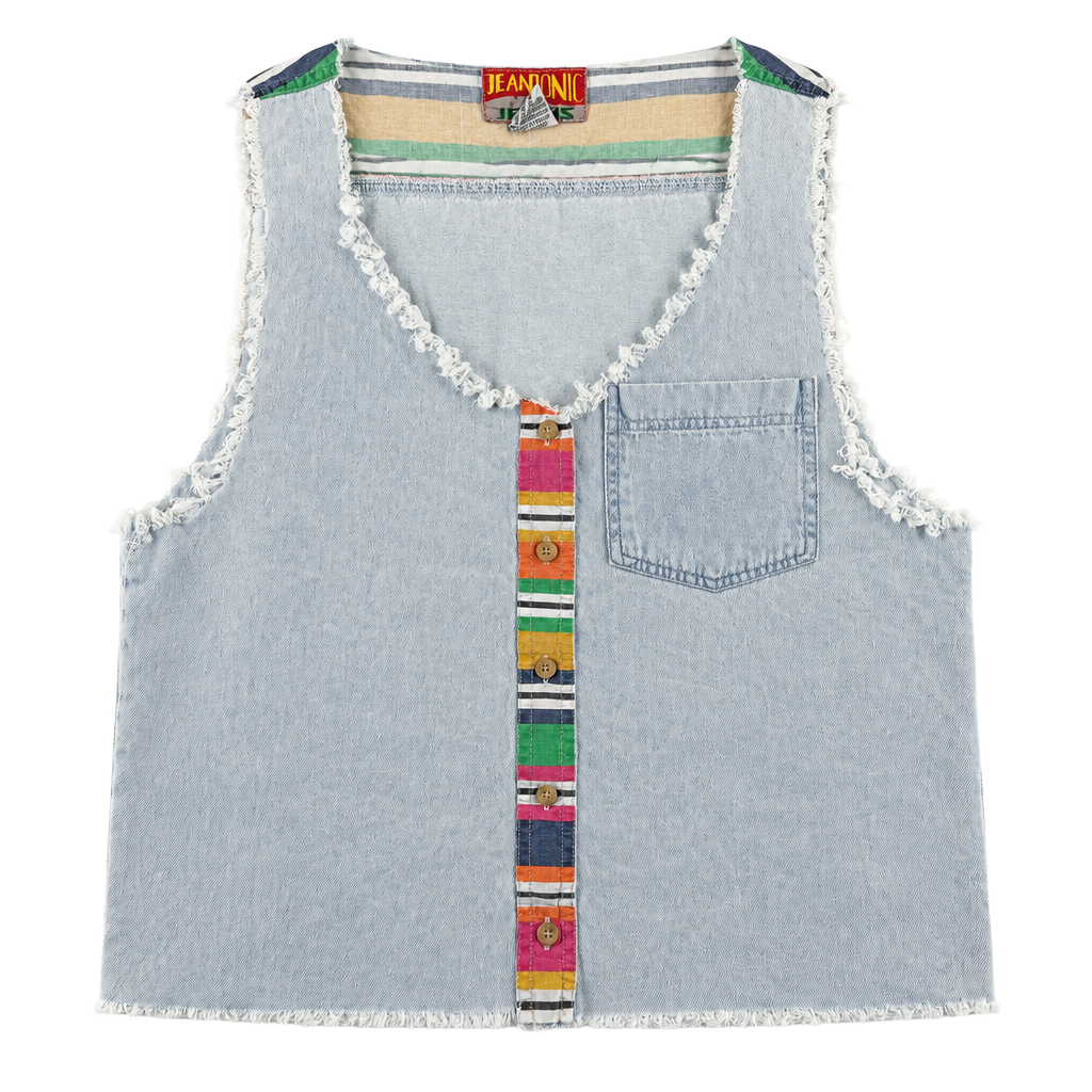 1550 Vintage Jeantonic Jeans Vest Size S Light Wash Denim Striped 1