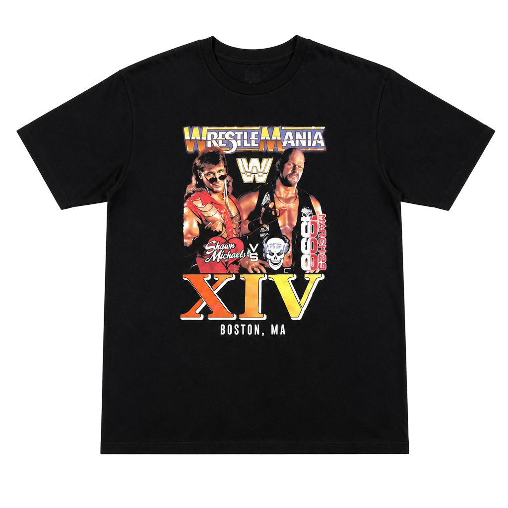 WWE WrestleMania XIV Shawn Michaels vs Stone Cold Steve Austin Black Graphic T-Shirt 1