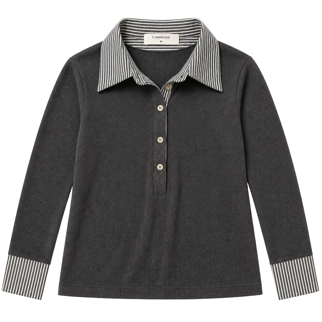 Commense Striped Shirt Panel Knit Top Grey Medium 1