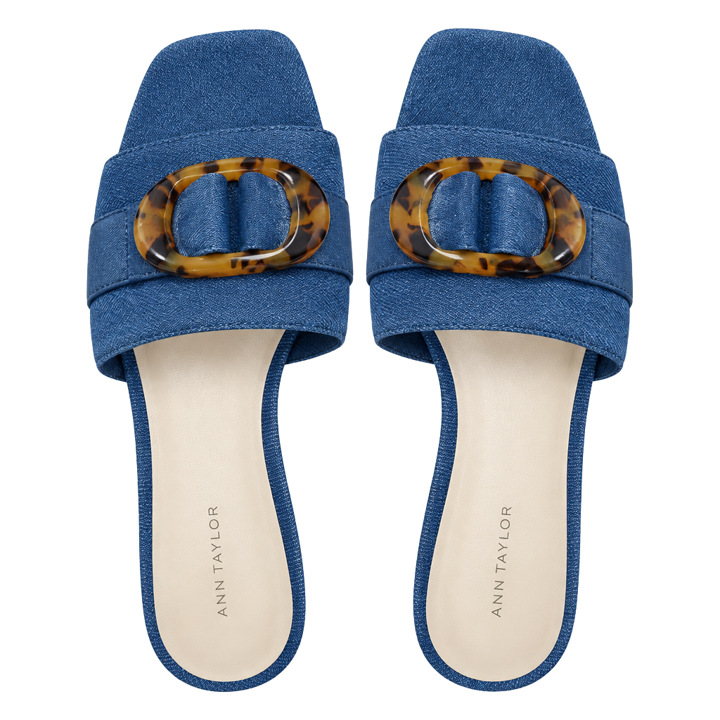 Ann Taylor Mules Size 9M Blue Denim Tortoise Buckle Block Heel Sandals 1