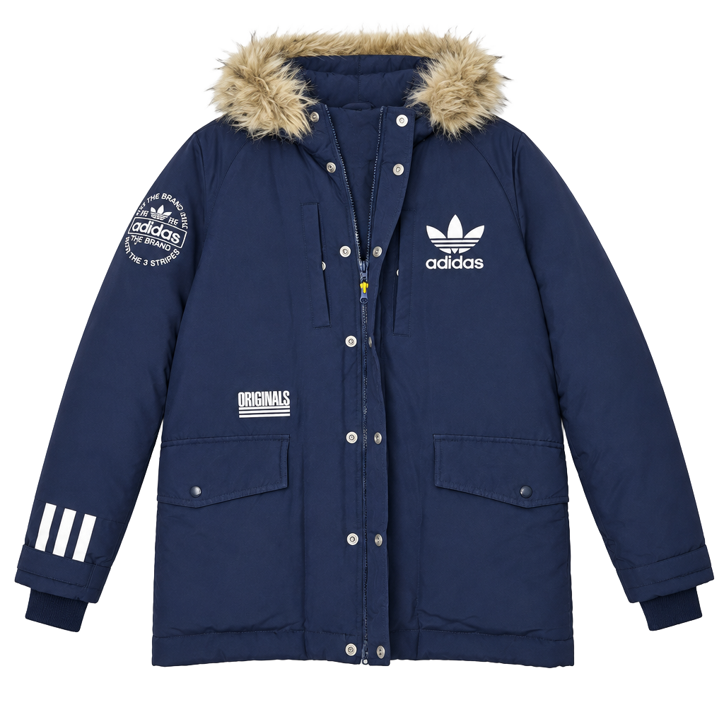 Adidas Originals Logo Down Jacket Size M Blue Faux Fur Hood 1