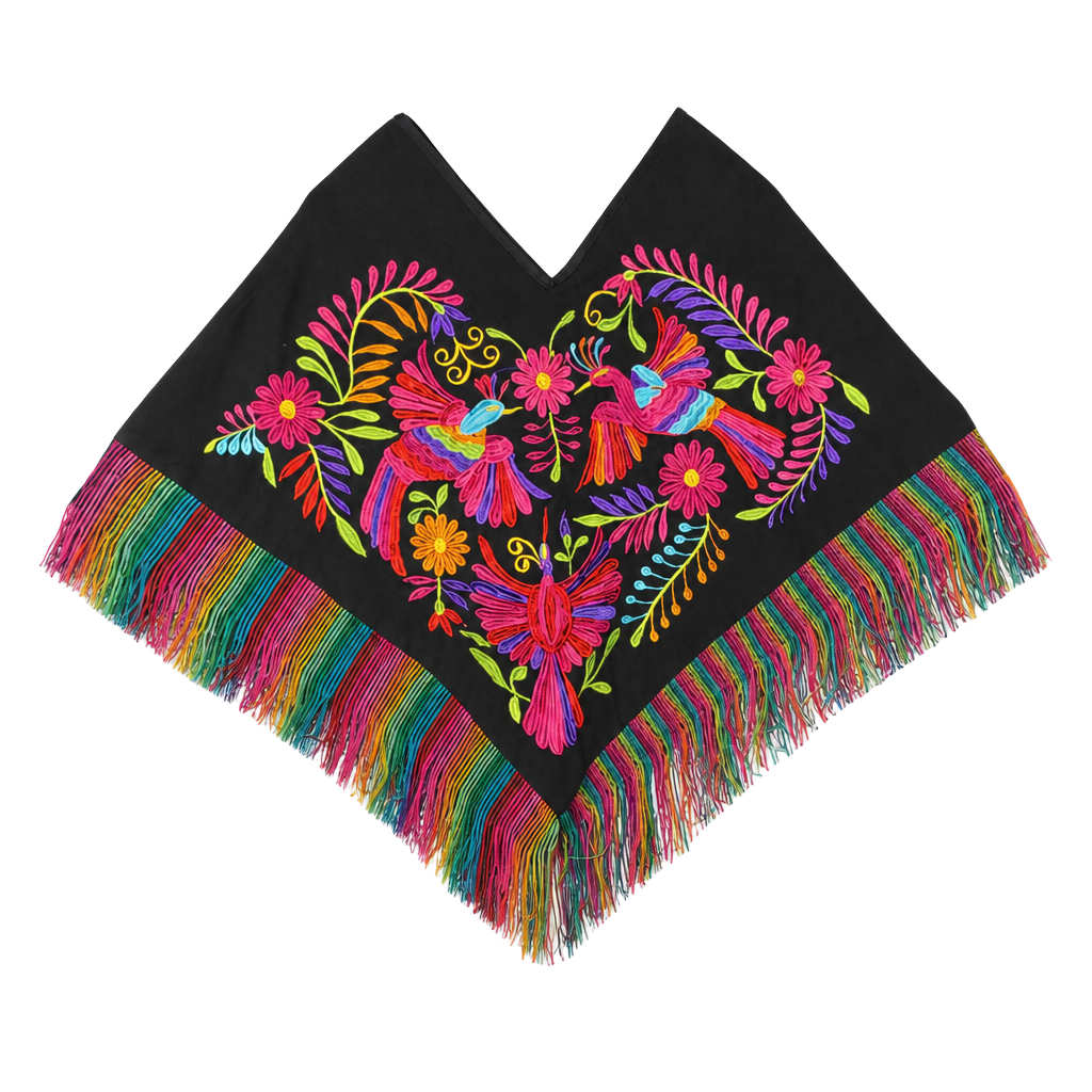 Mexican Artisan Hand Embroidered Otomi Poncho Black Multicolor Fringe 1