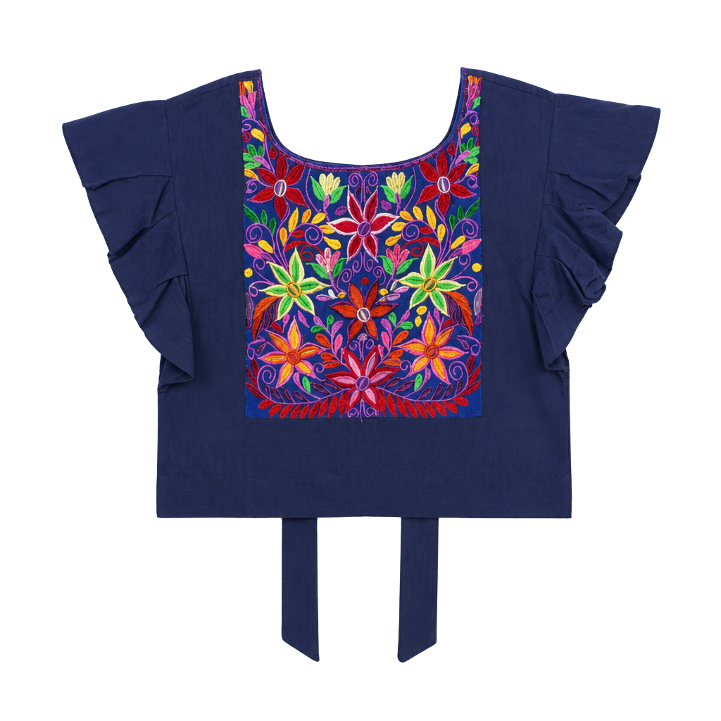 Mexican Artisan Embroidered Floral Ruffle Crop Top Navy Blue 1