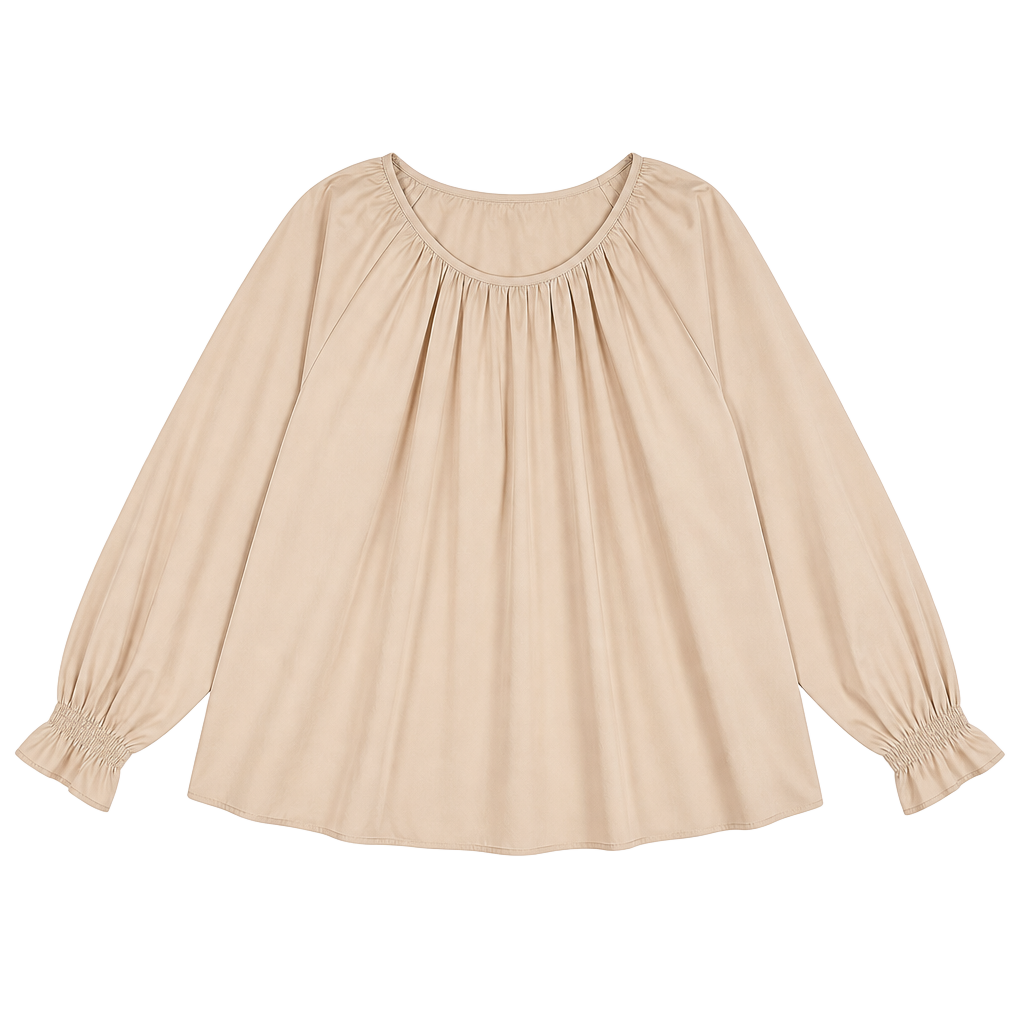 SHEIN Curve 4XL Pleated Neck Long Sleeve Blouse in Beige 1