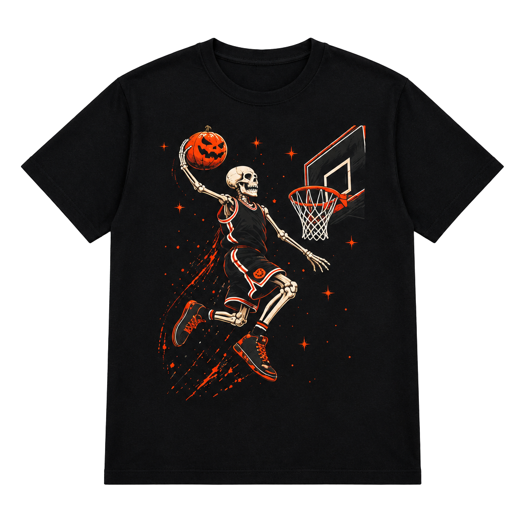 Halloween Skeleton Basketball Dunk Unisex Graphic T-Shirt Size L Black 1