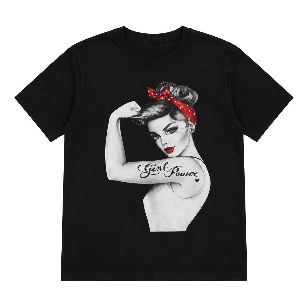 Girl Power Pinup Retro Vintage Black T-Shirt 1