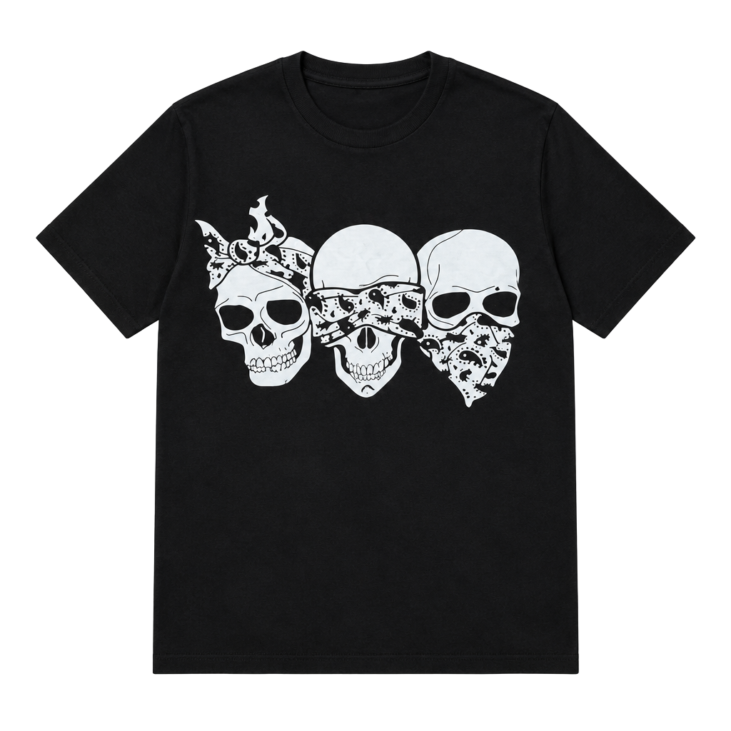 Graphic T-Shirt Size M Black Skulls Bandana Three Wise Skulls 1