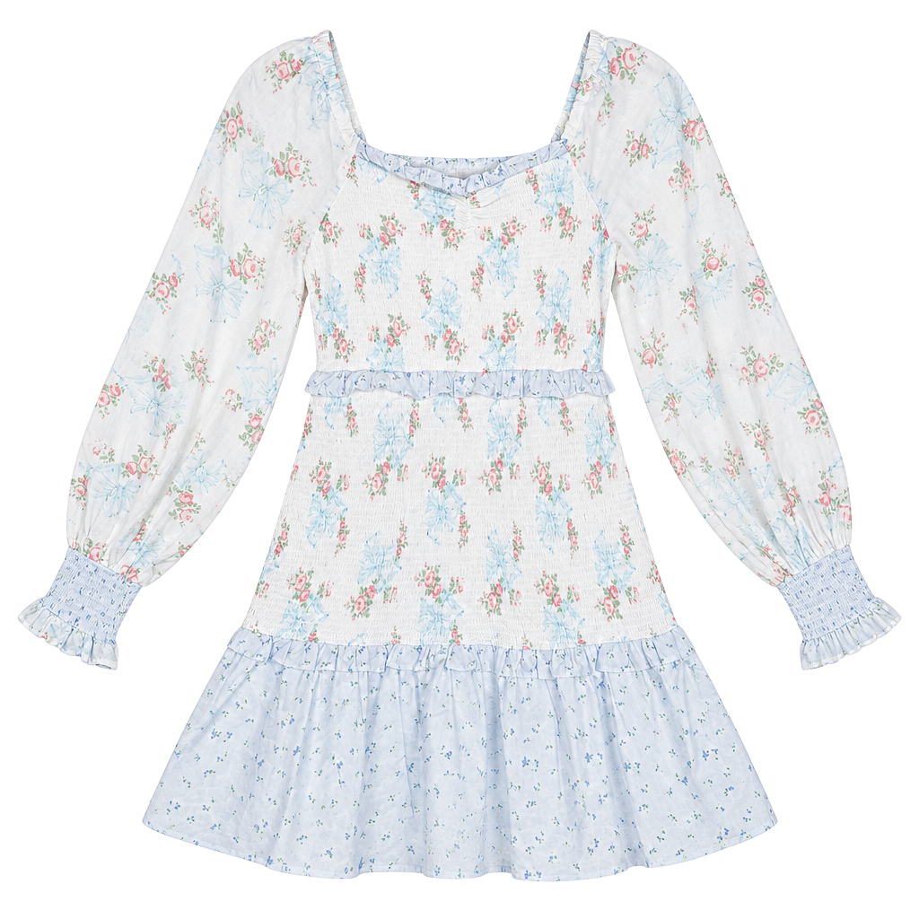 LoveShackFancy Juliet Ribbon Dress Size 12 Girls White Floral Smocked Ruffle 1