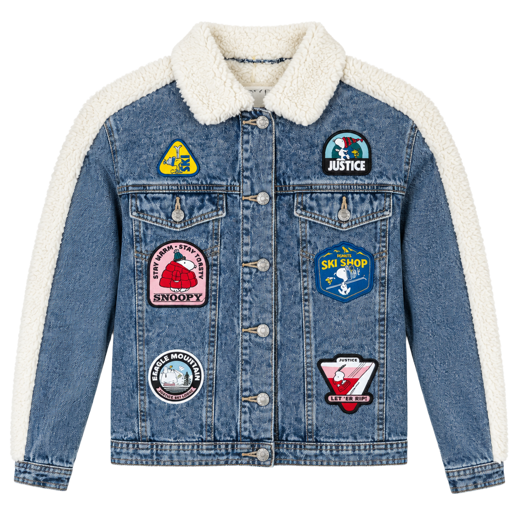 Justice Peanuts Snoopy Denim Sherpa Jacket Size M 10 Blue Patches 1