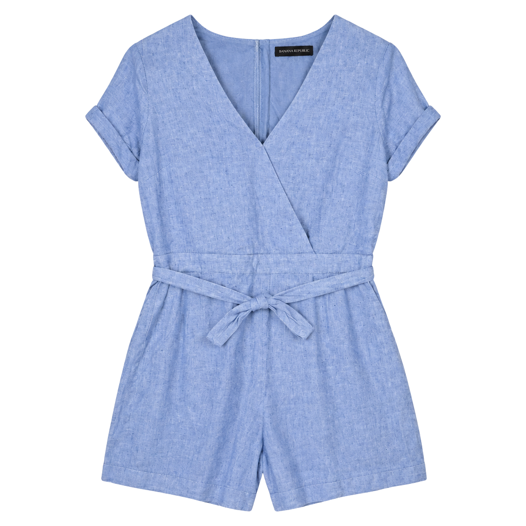 Banana Republic Romper Size 2 Blue Linen Cotton Blend Wrap Tie Waist 1