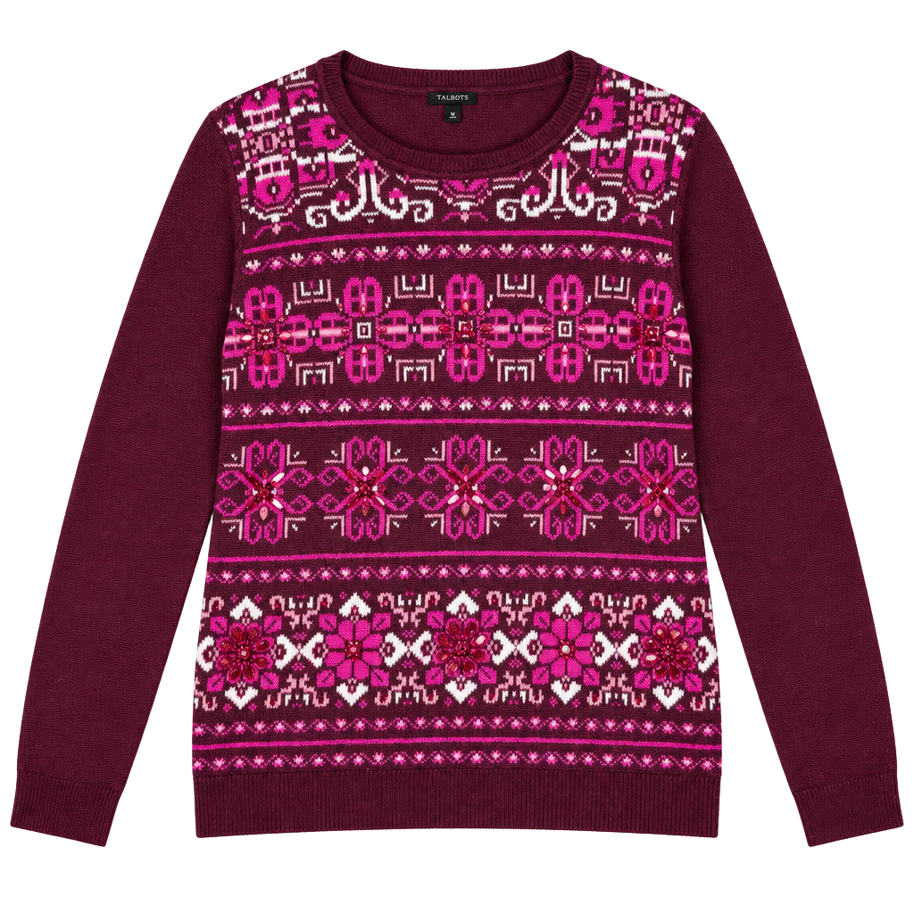 NWT Talbots Maroon Pink Fair Isle Lambswool Beaded Jewel Sweater Size S 1