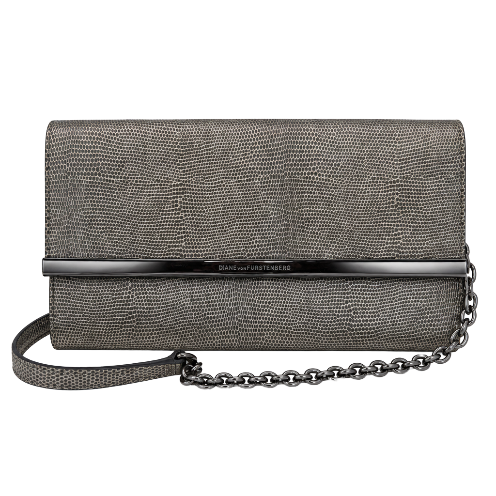 Diane Von Furstenberg Embossed Leather Clutch Silver Chain Strap 1