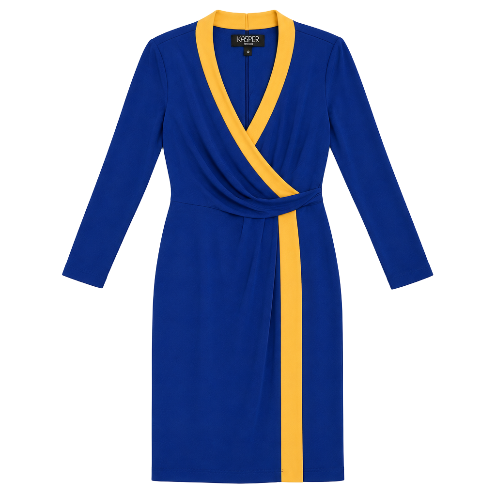 Kasper Colorblocked Faux-Wrap Sheath Dress Size S Royal Blue Gold 1