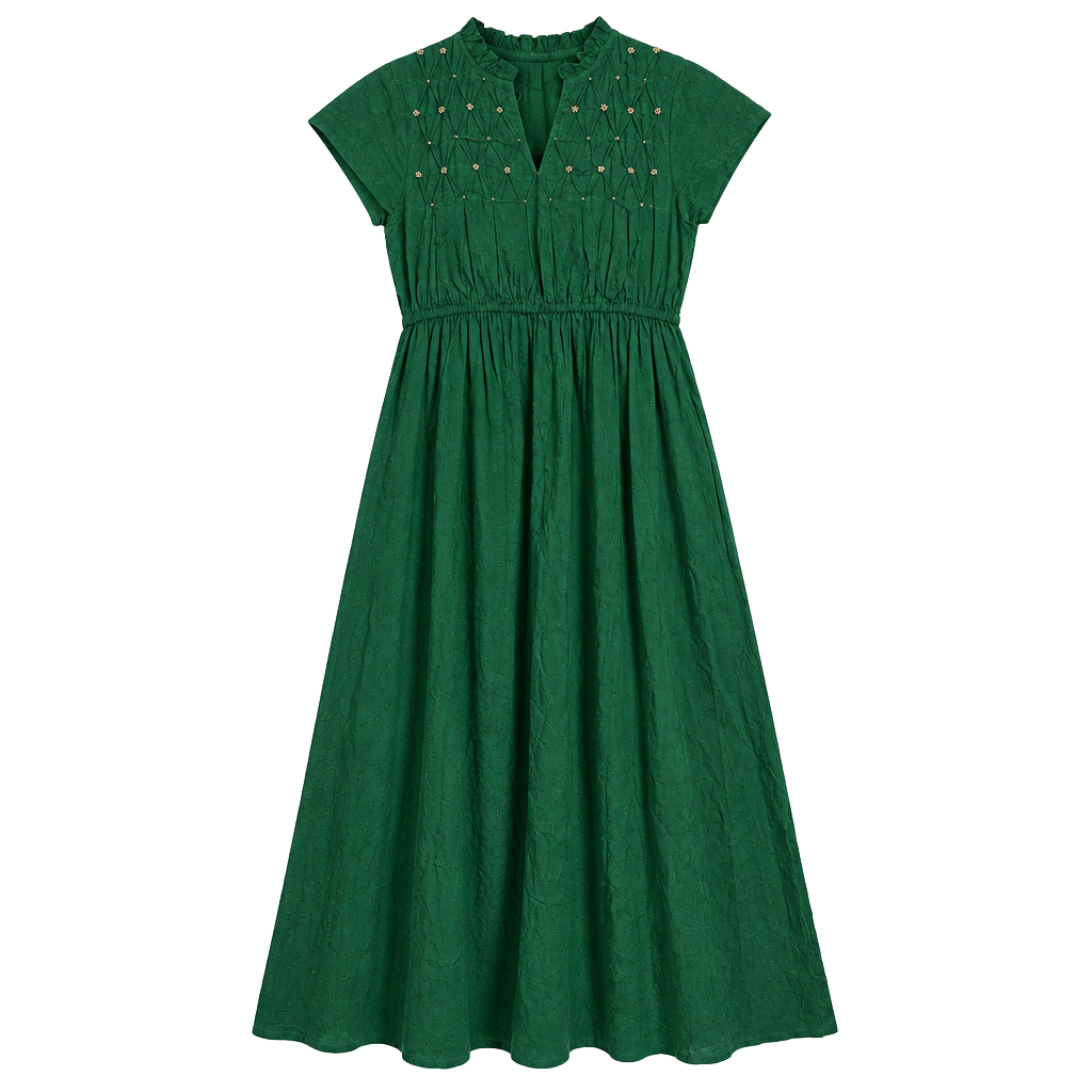 Ex Voto Green Cotton Dress Size XS Smocked Beaded Midi 1
