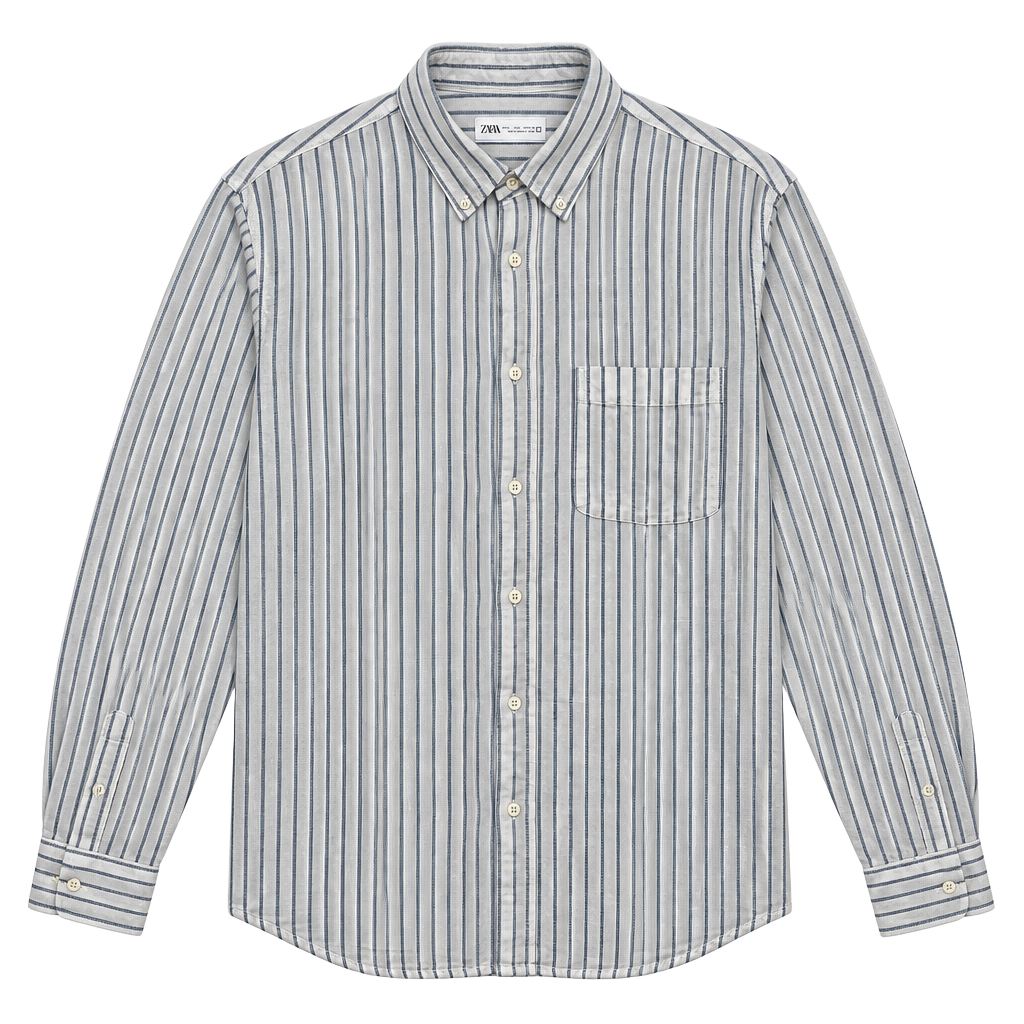 Zara Striped Long Sleeve Button Down Shirt Size L White Blue 1