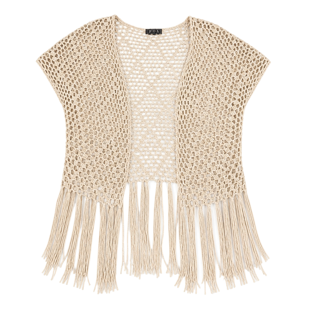 POL Crochet Fringe Vest Beige Size M 1