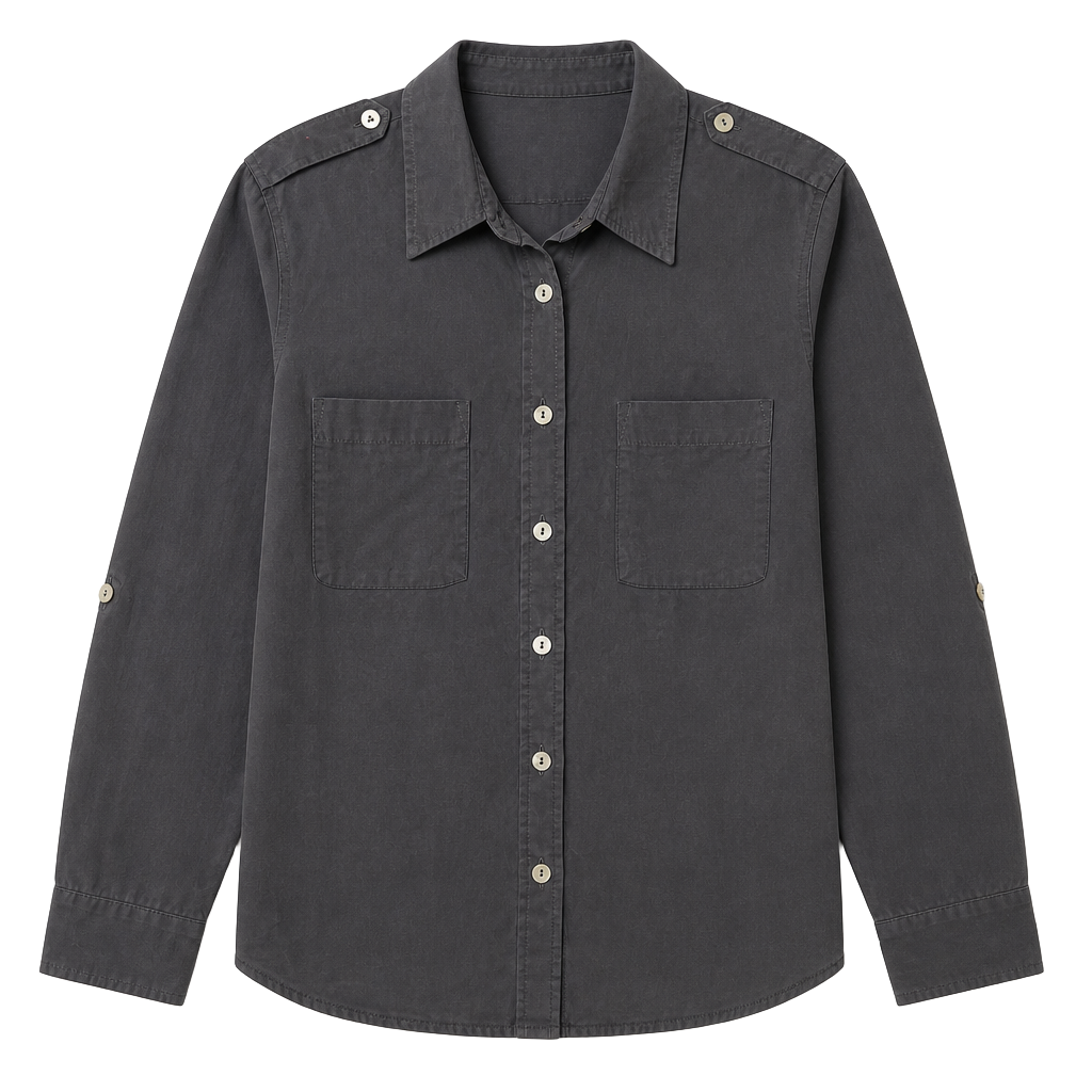Chicos Womens Sz 2 Black Silk likeBlend Tab Sleeve LS Button Up Shirt 1