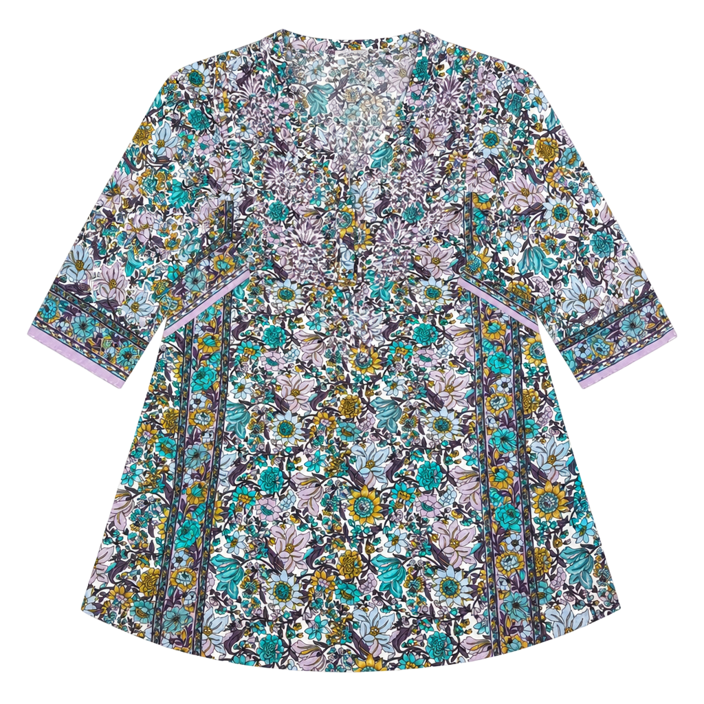 Soft Surroundings Purple and Turquoise EmbroideredFloral V-Neck Tunic Dress 1