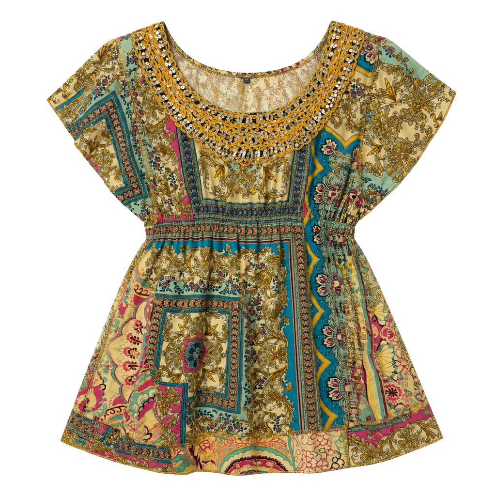 Live and Let Live Blouse Womens Boho Patchwork Rayon Embellished Top 1