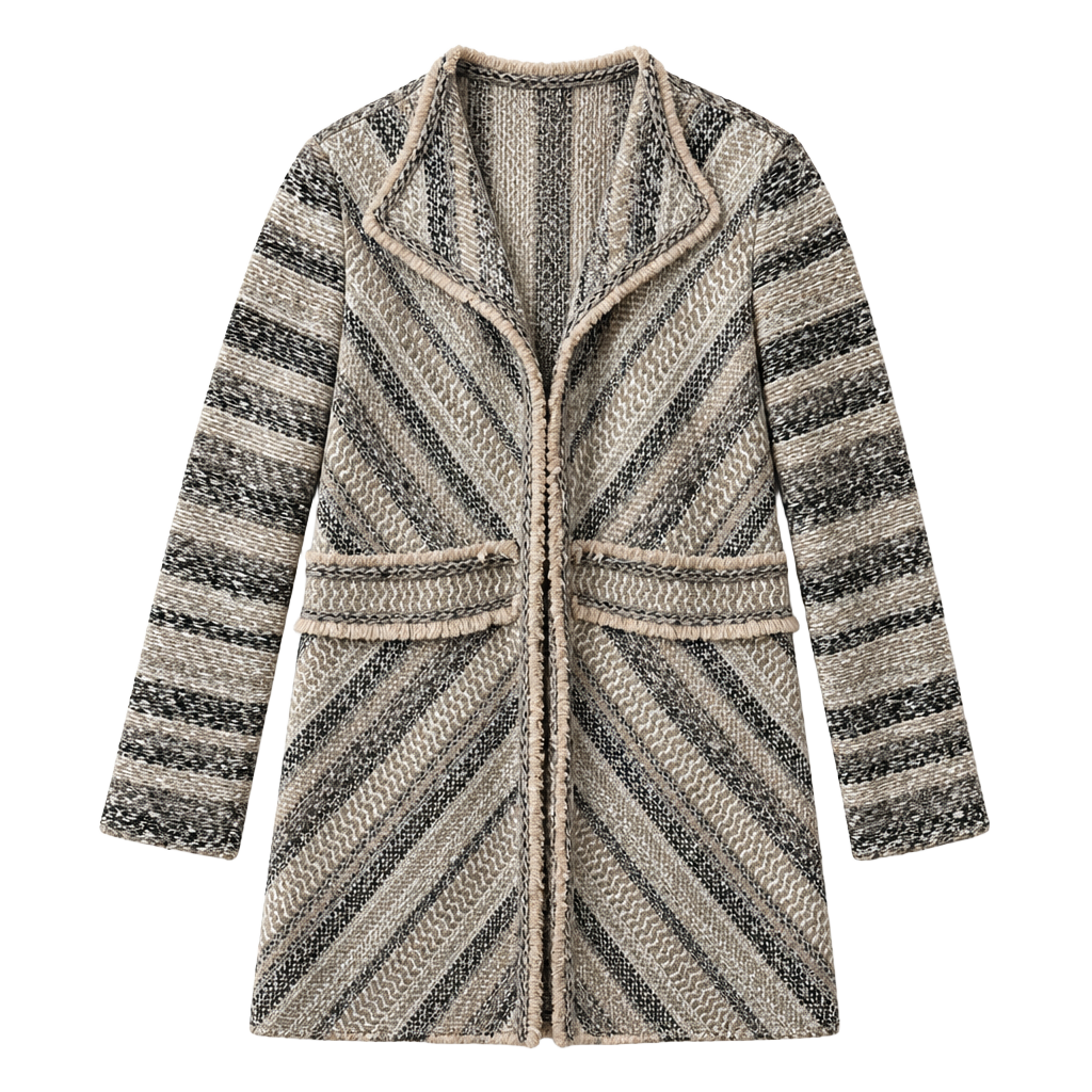 Chico's Multi-Directional Tweed Stripe Fringe Hem Cardigan Jacket 1