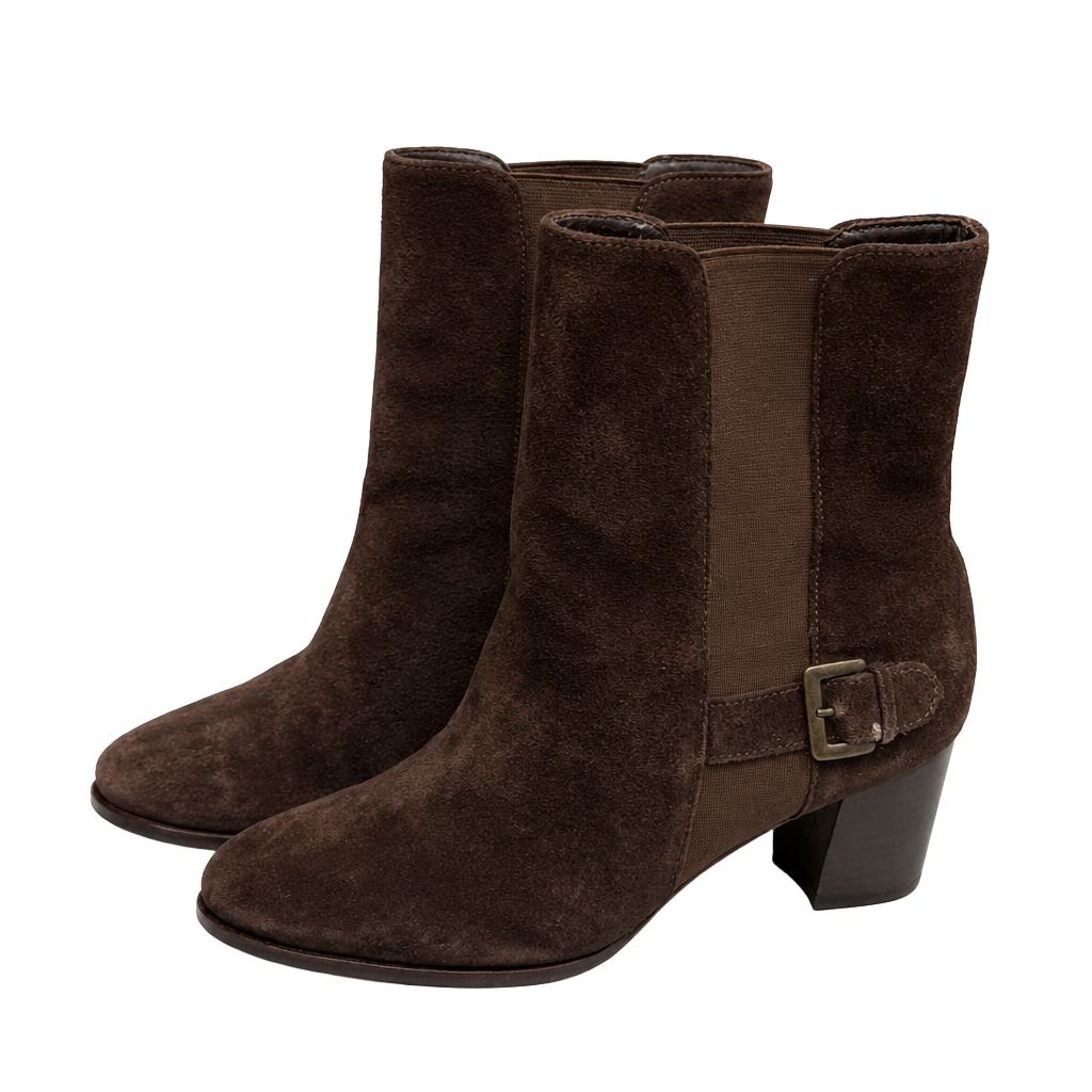COLE HAAN Mid-Calf Boots Booties Sz. 9b Suede Dark Brown Leather Chunky Heel 1