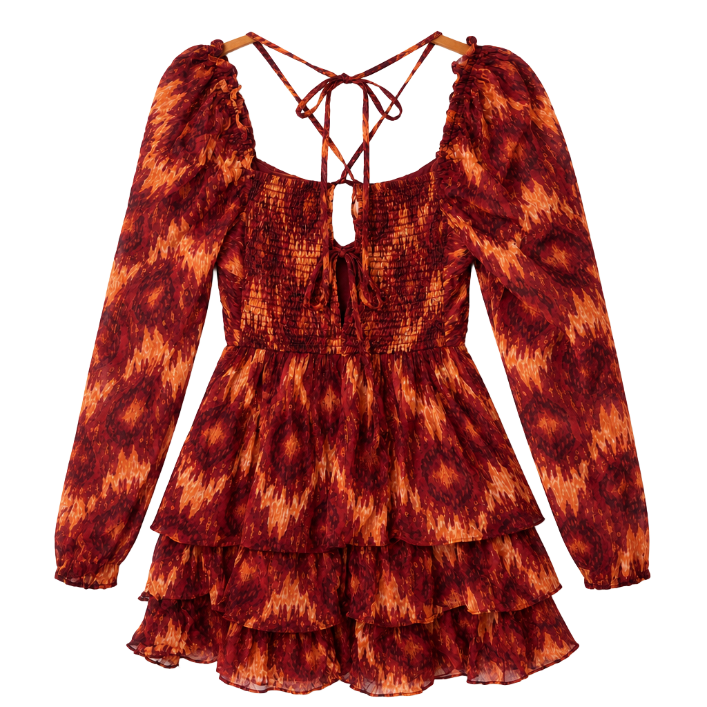 House of Harlow 1960 x REVOLVE Ikat Tiered Mini Dress Burgundy Gold M 1