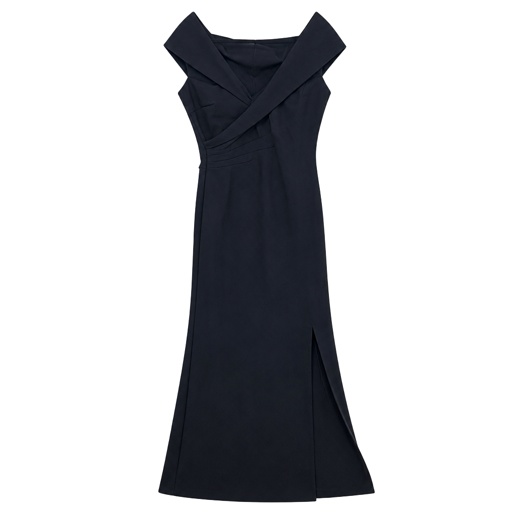 Chiara Boni La Petite Robe Benje Long Off-the-Shoulder Side-Slit Gown in Black 1