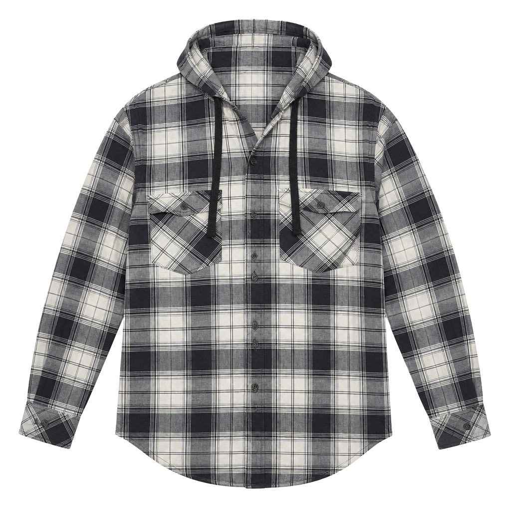065-Columbia Sportswear Company Plaid Hooded Flannel Shirt Size L Gray White 1
