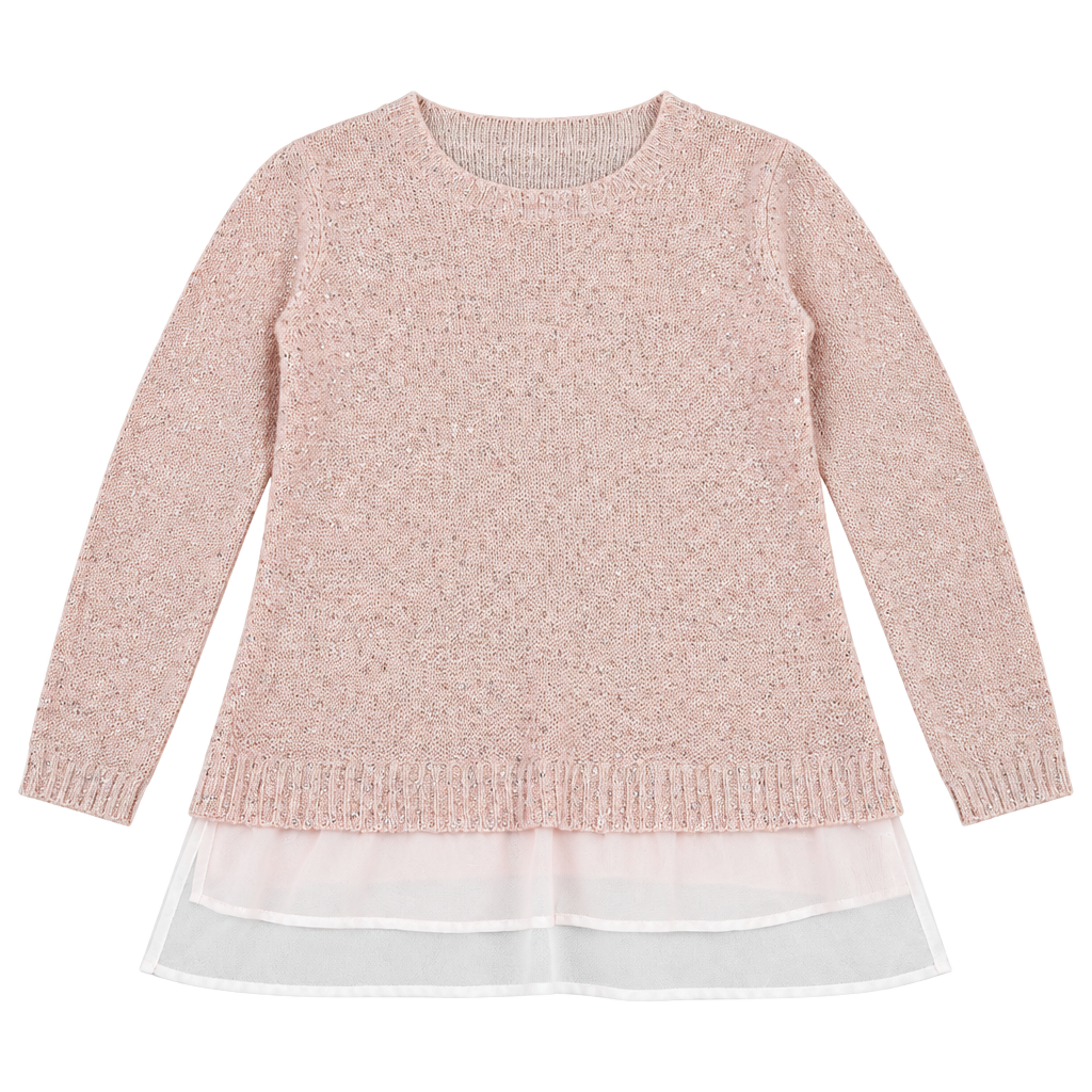 075-Faded Glory Sweater Size M (8-10) Pink Sequin Sheer Hem 1