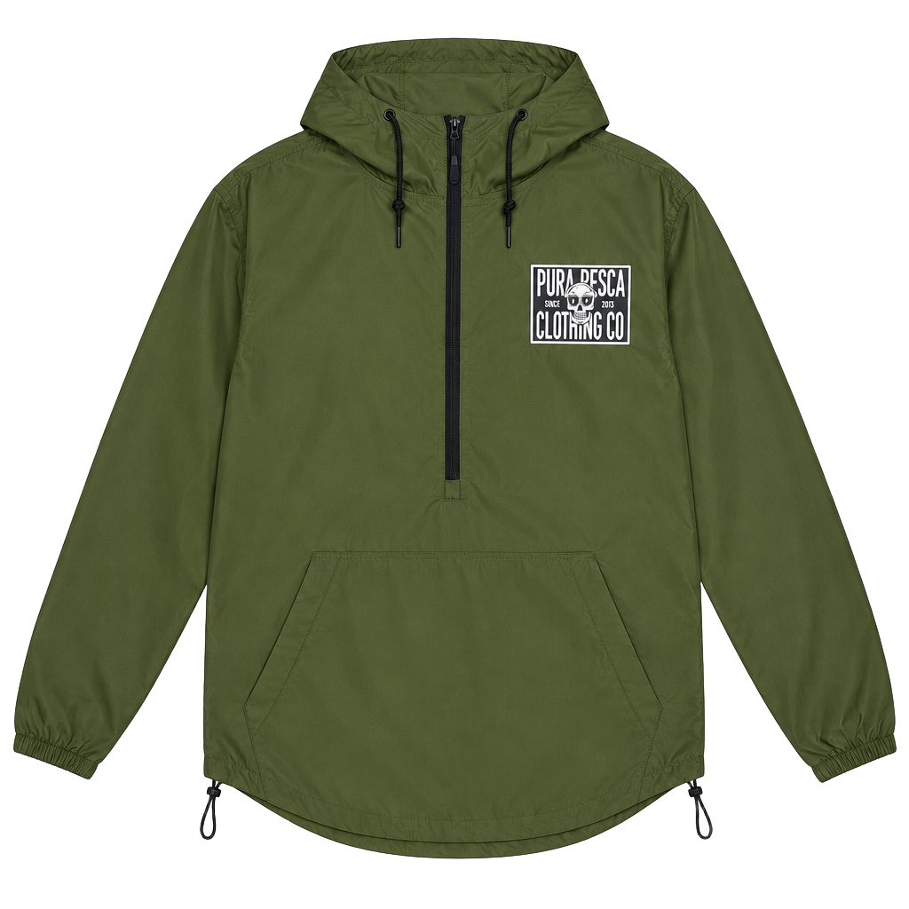 067-Pura Pesca Clothing Co. Clasico Windbreaker Olive Green Pullover Hooded 1