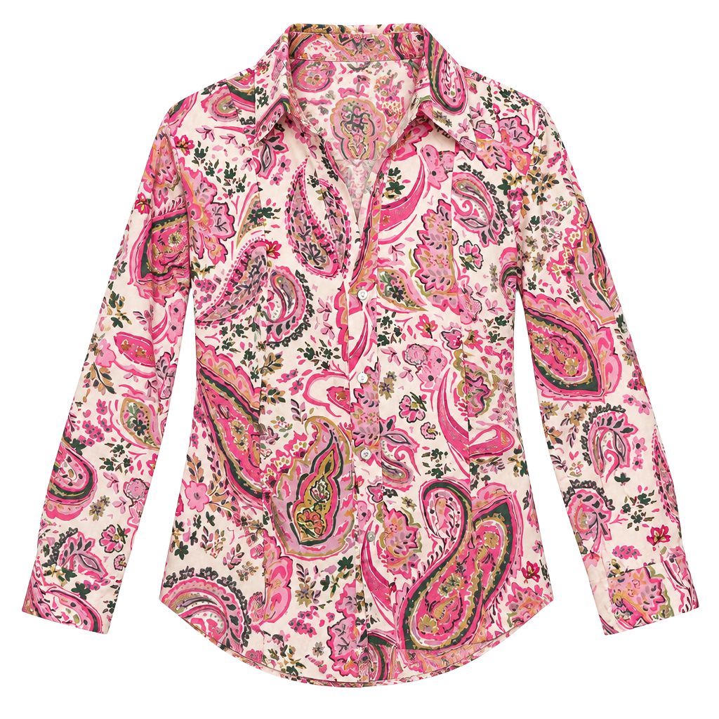 063-Sunday Up Button Down Shirt Size S Pink Green Paisley Print Blouse 1