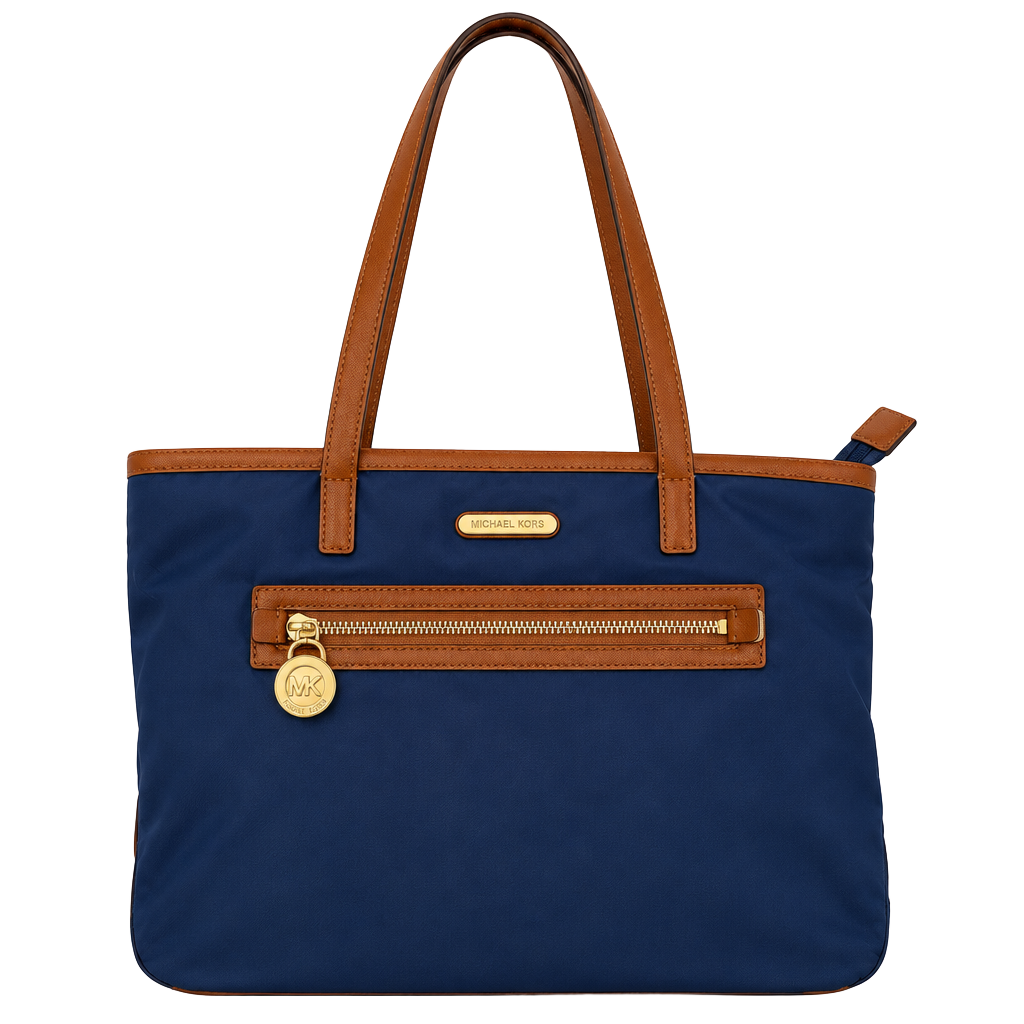 GUC Michael Kors Kempton Navy Blue Nylon Tote Bag with Brown Trim 1