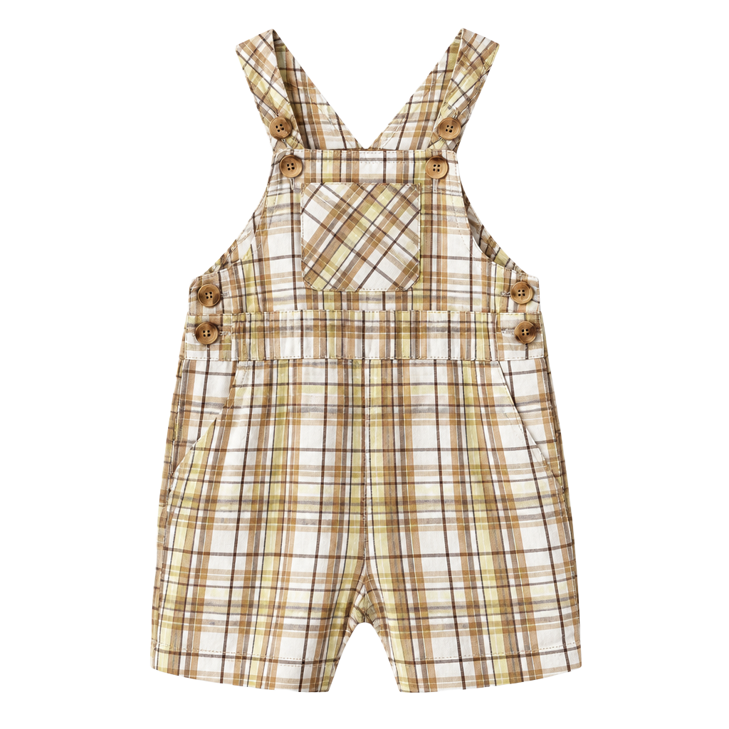 Savannah Baby Plaid Cotton Kids Overalls - Tan & White 1