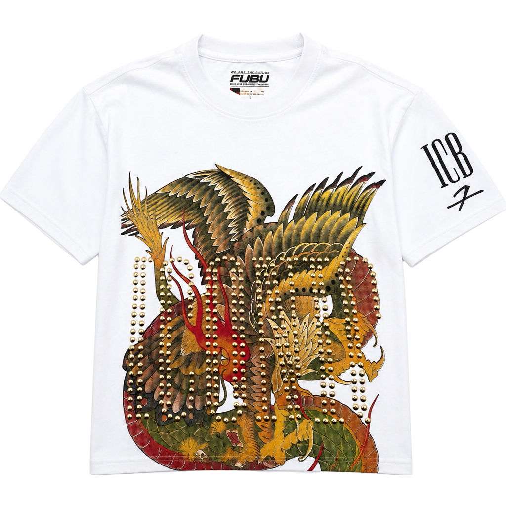 FUBU Iconic Dragon and Eagle Graphic Rhinestone Studded White T-Shirt Medium 1