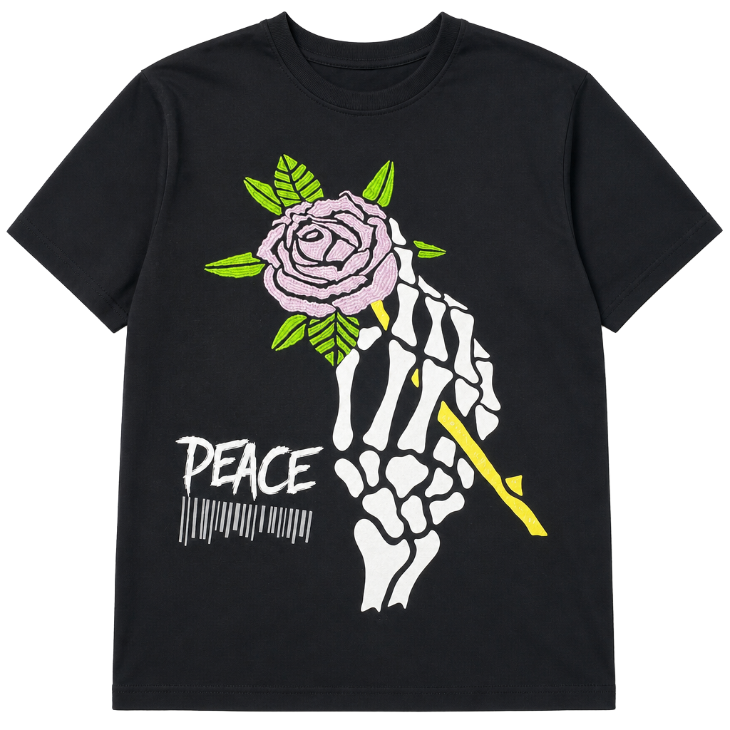 Members Only Skeleton Hand And Rose Graphic Peace T-Shirt Black 1