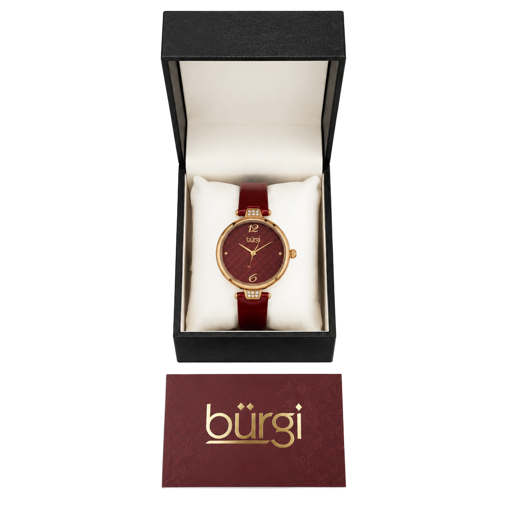 NIB Burgi Diamond Leather Strap Watch Burgundy Red Dial Gift Box 1