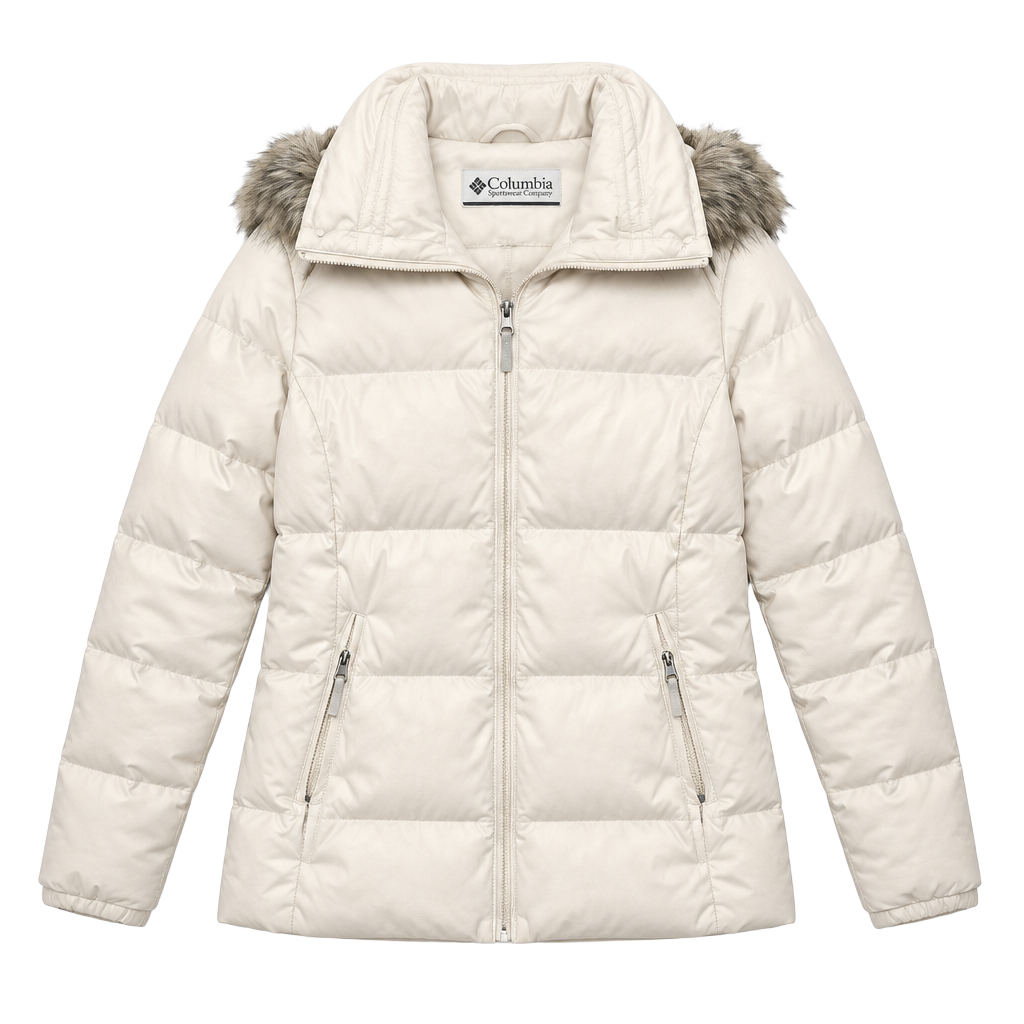 Columbia Puffer Jacket Size M White Down Faux Fur Hood 1