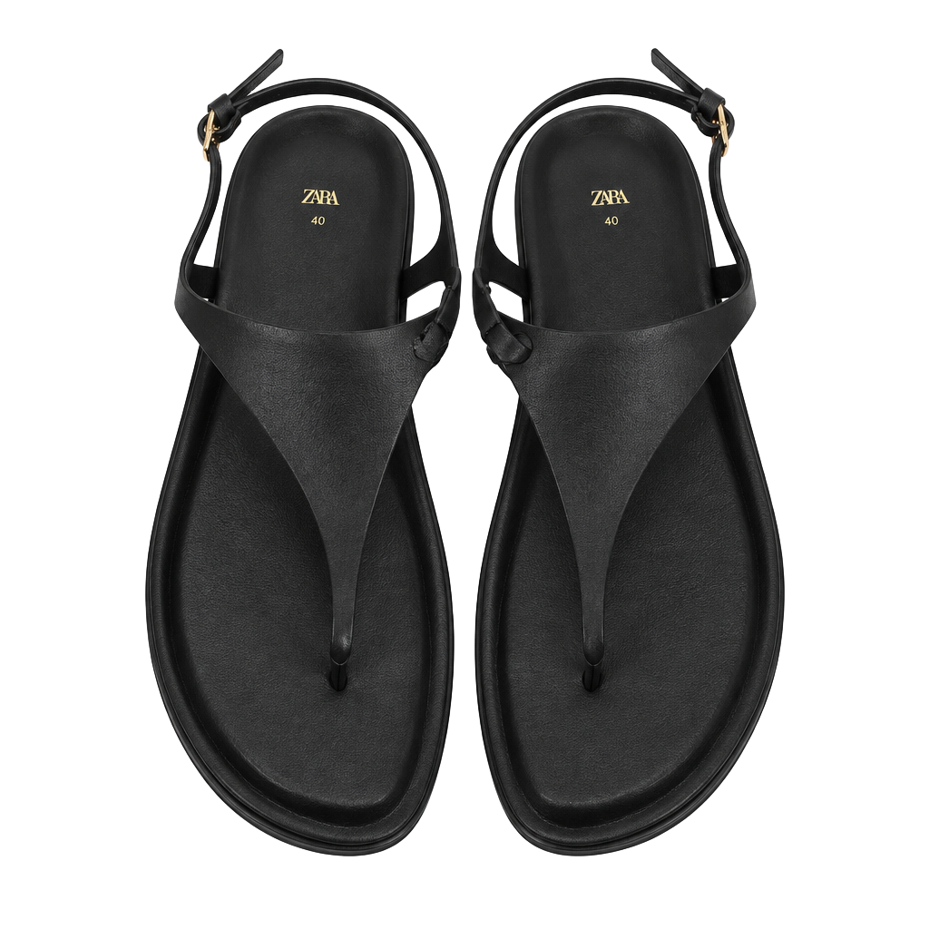 Zara Flat Sandal Size 40 Black Ankle Strap Thong Shoes 1