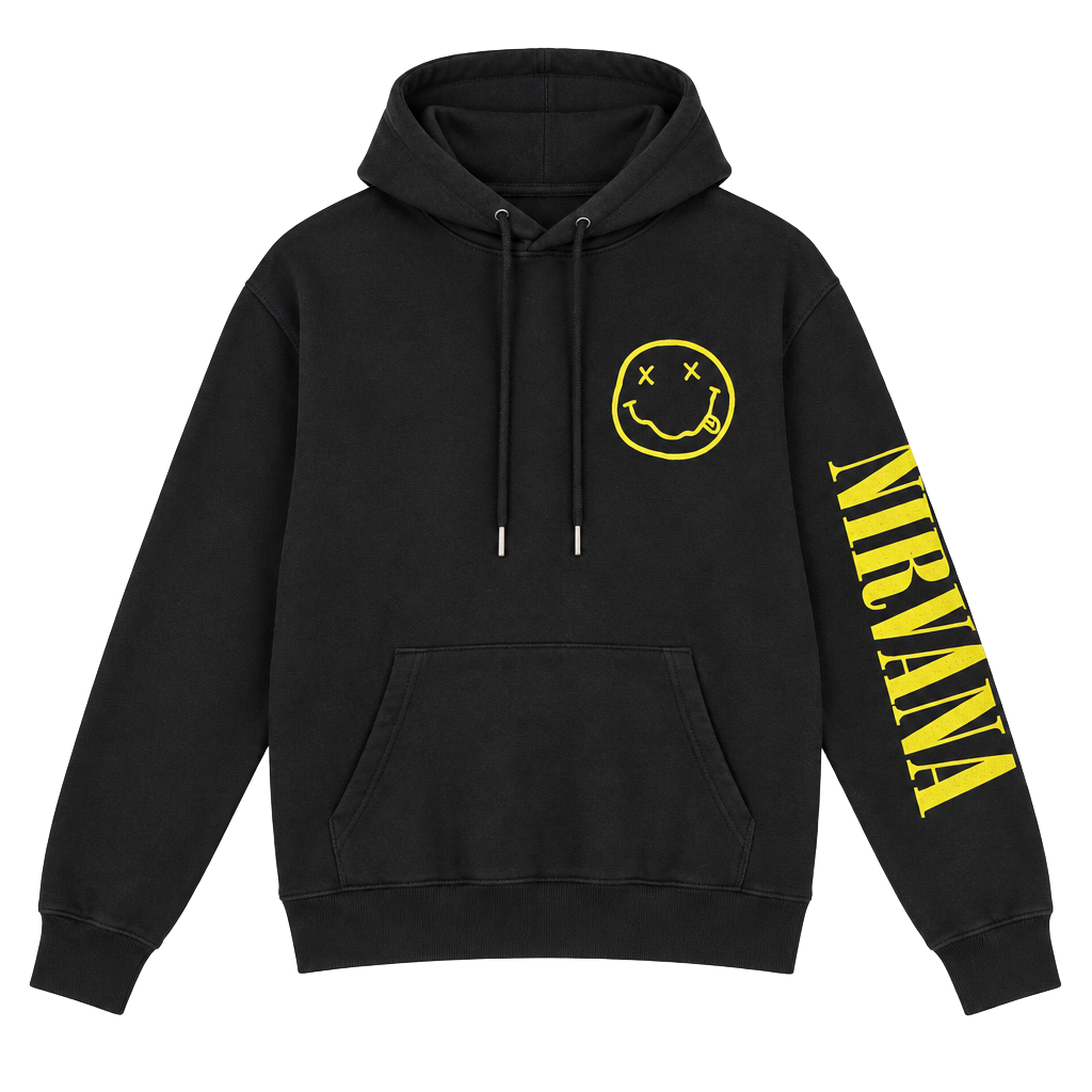 Nirvana Smiley Face Hoodie Size XS Black Graphic Pullover 1